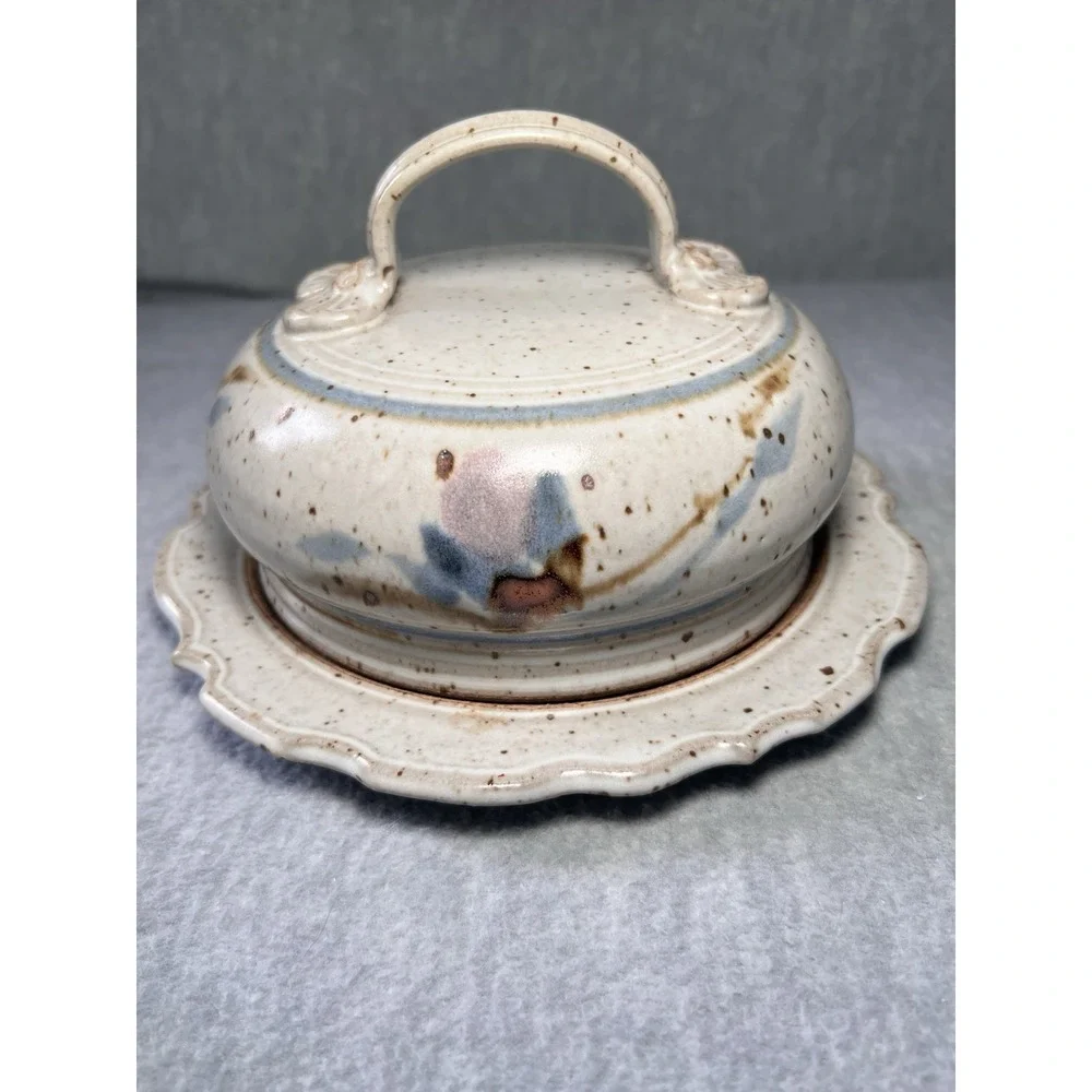 VTG Studio Art Pottery Cheese Dome Butter Dish Signed Rustic Farmhouse Plate Lid